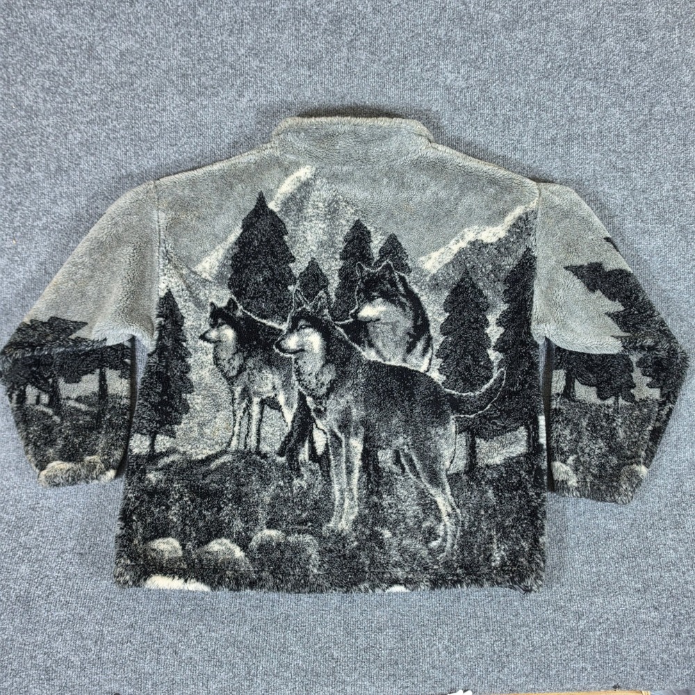 Vintage USA Black Mountain Outdoor Wolf Fleece Jacket Men Large Gray Nature Flaw